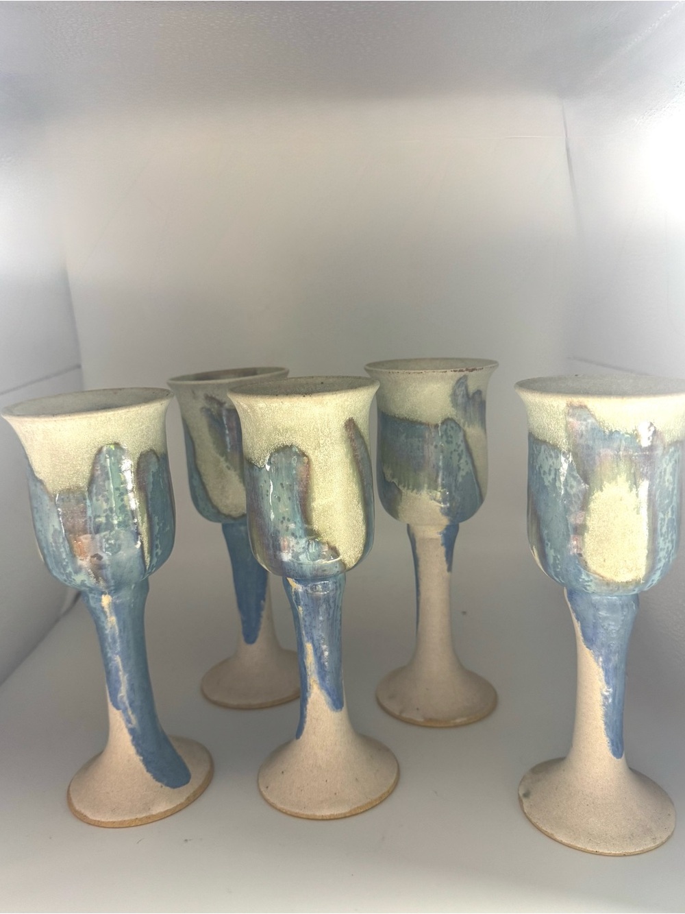 Vintage 1980 Studio Pottery Goblets Set of 5 in Cream and Blue - Picture 1 of 4
